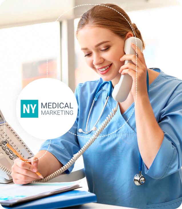 The doctor is answering a patient's call with the NY Medical Marketing logo on top