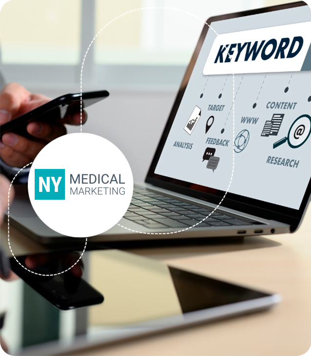 Laptop with various SEO-related words on the screen and the NY Medical Marketing logo on top